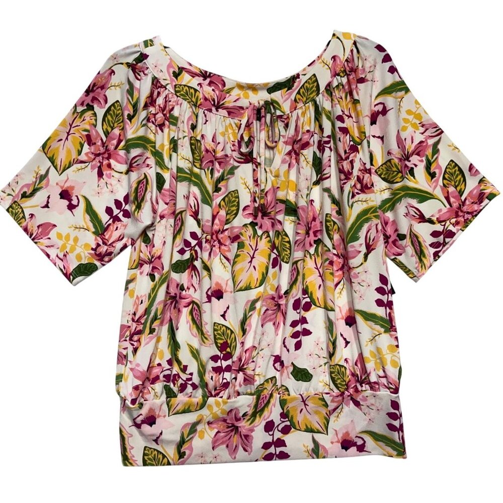 JM Collection Womens Medium Floral Banded Bottom Knit Blouse Polyester/Spandex